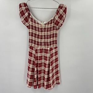 Reformation Puff Sleeve Smocked Mini Dress Plaid Red Cream Size 4